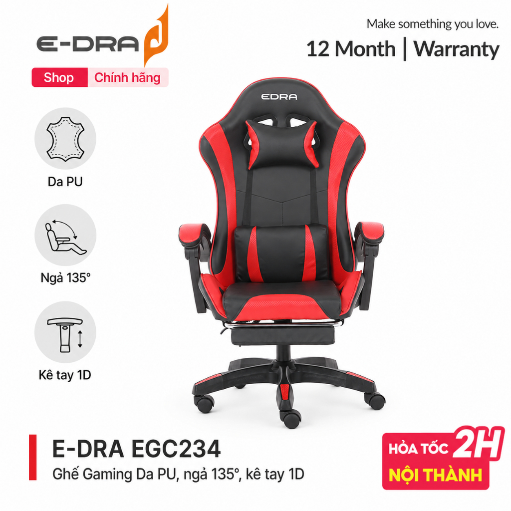 Ghế Gaming E-Dra Dignity Chair EGC234 Da PU, Kê Tay 1D, Ngả 135°, Class 2 - Chính hãng