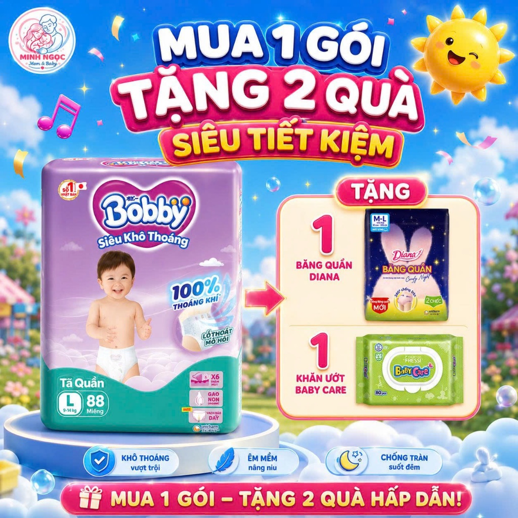 Tã Quần Bobby siêu khô thoáng + Tặng 1 băng quần Diana và 1 gói khăn ướt babycare