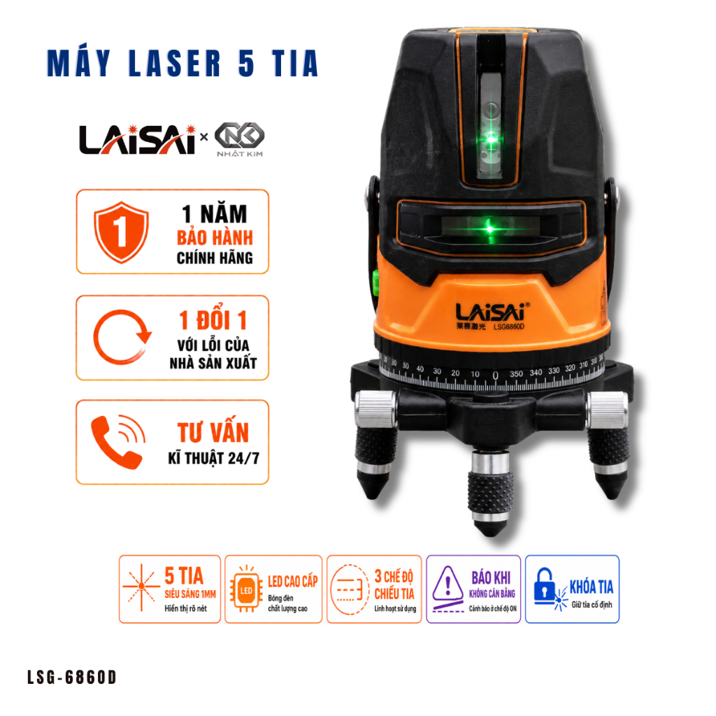 Máy Cân Bằng Laser LAISAI 5 Tia Xanh Siêu Sáng Độ Chuẩn Cao Chính Hãng Bảo Hành 1 Năm LSG6860D