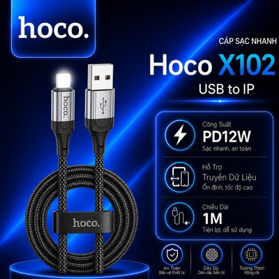 Cáp sạc nhanh PD12W HOCO X102 USB to IP dùng cho ip14 trở xuống, dài 1M