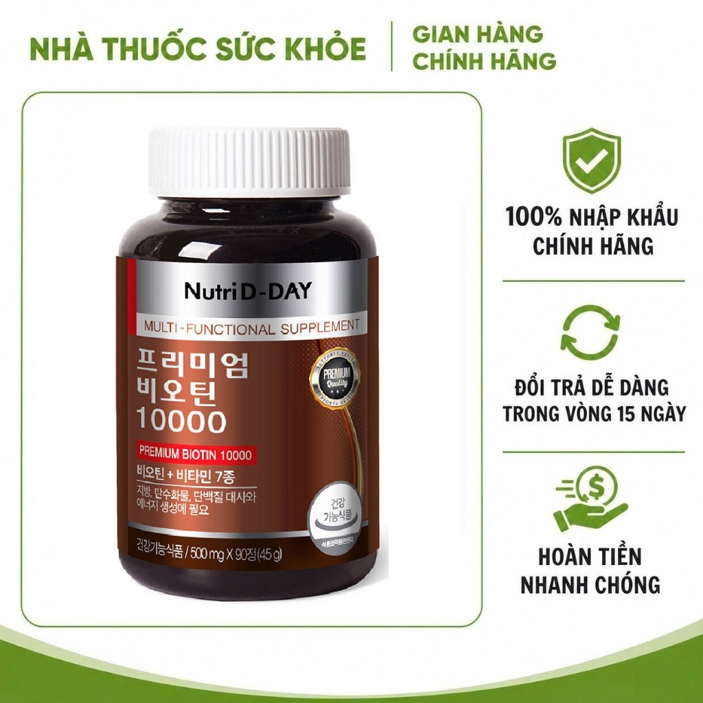 Viên uống Nutri D-Day Premium Biotin 10000 – Hỗ trợ tăng cường sức khỏe tóc, móng hộp 90 viên của Hà