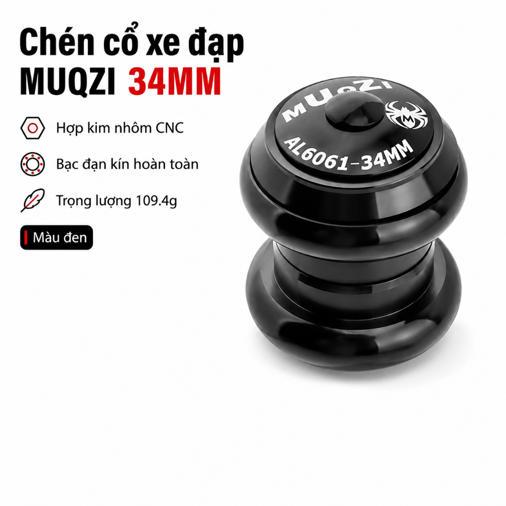 Chén Cổ Xe Đạp MUQZI AL6061 Bi Vòng Cho Khung Thép Mã M34 Đen/Bạc