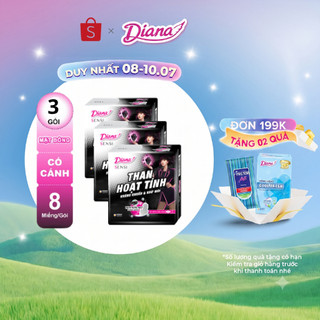 Bộ 3 gói băng vệ sinh Diana Sensi Than Hoạt Tính Siêu mỏng cánh 8 miếng/gói