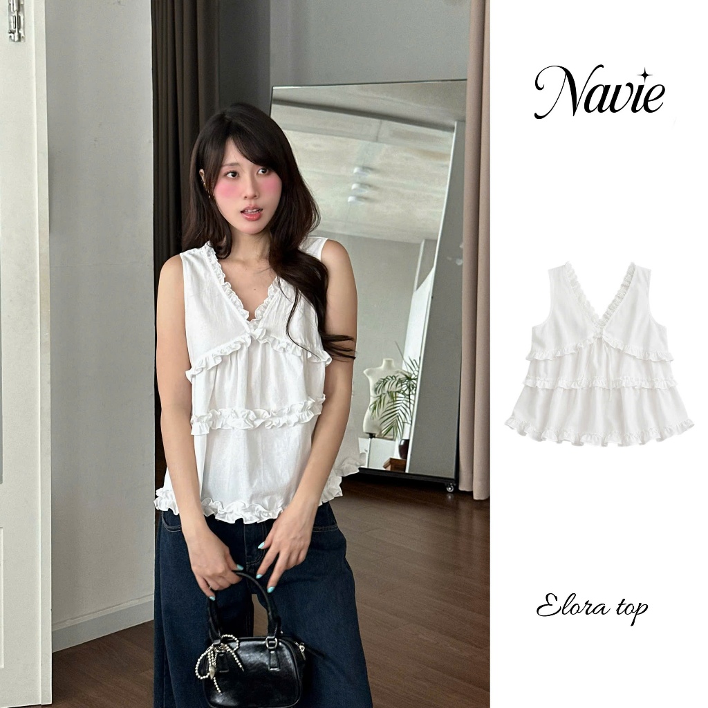 NAVIE - Áo babydoll bèo tầng ELORA phối ren thời trang nữ