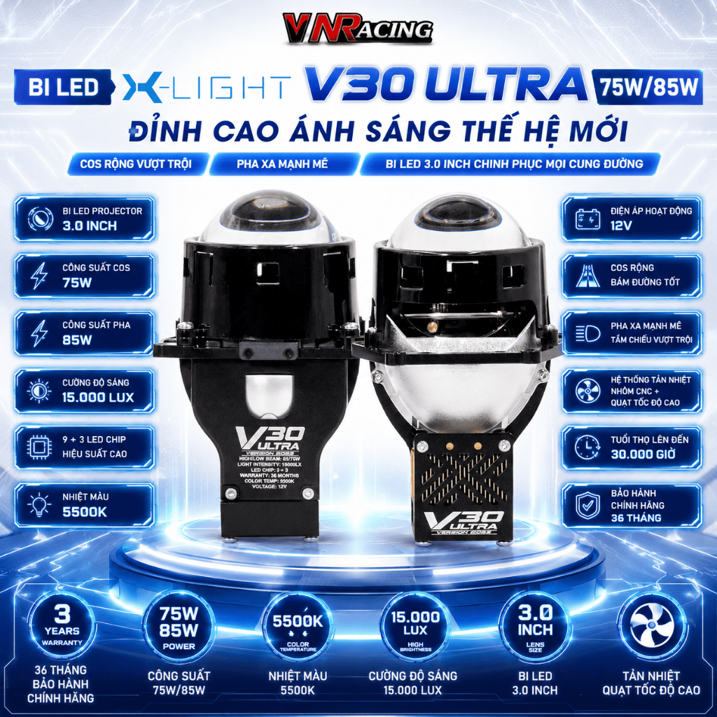 Đèn Bi LED X-Light V30 Ultra 85W Chính Hãng 3.0 Inch Cos 75W Pha 85W BH 3 Năm