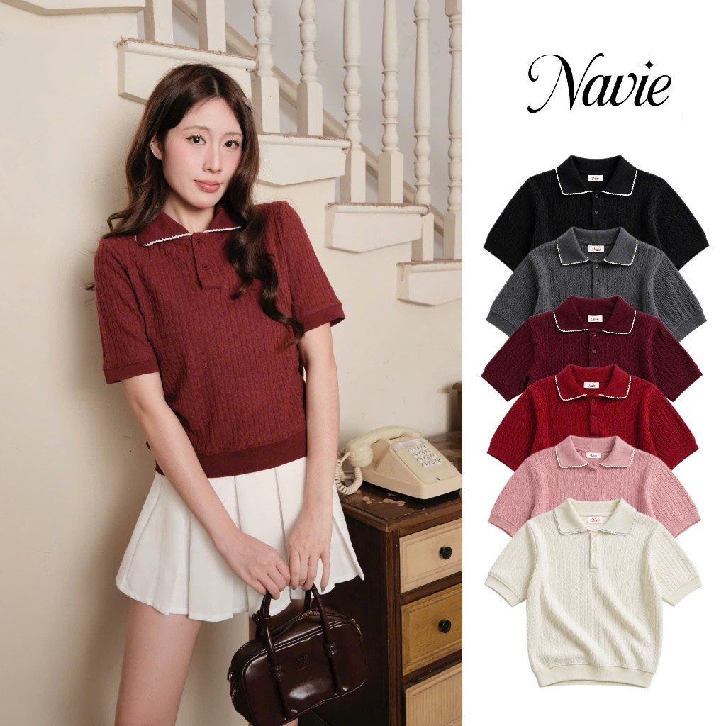 NAVIE X EVA - Áo polo len dệt kim phối ren thời trang nữ | BigBuy360 - bigbuy360.vn