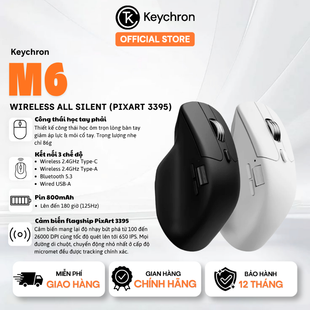 Chuột Keychron M6 Wireless All Silent (Pixart 3395) /Silent (PixArt 3311) - Kết nối 3 Mode, Pin 180H, Bảo hành 12 Tháng