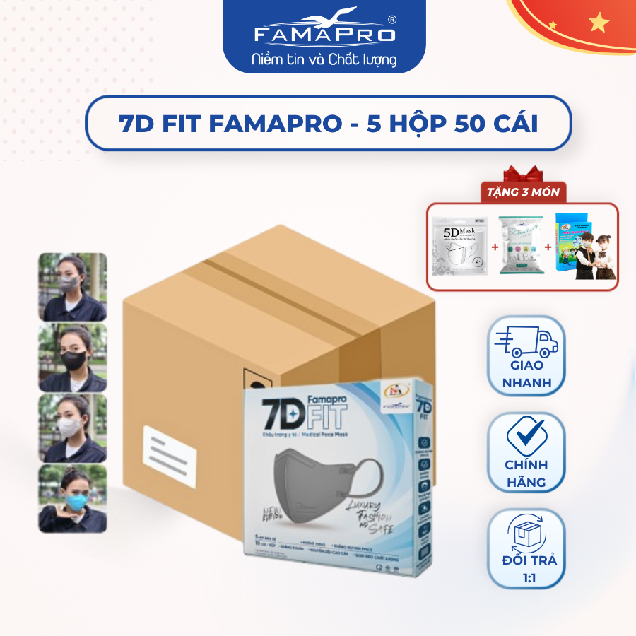 [THÙNG 50 HỘP] Khẩu trang 5 lớp cao cấp 7D Fit Famapro Nam Anh 500 cái
