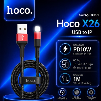 Cáp sạc PD10W Hoco X26 USB to IP dùng cho ip14 trở xuống, dây sạc bọc dù chống rối chống đứt , dài 1m