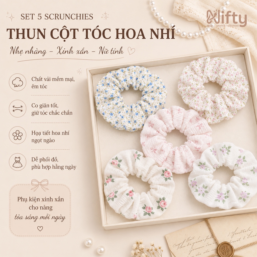 Dây buộc tóc scrunchies Hương Trà Chiều "Little Bloom"  Nifty/ scrunchies Vải Xốp