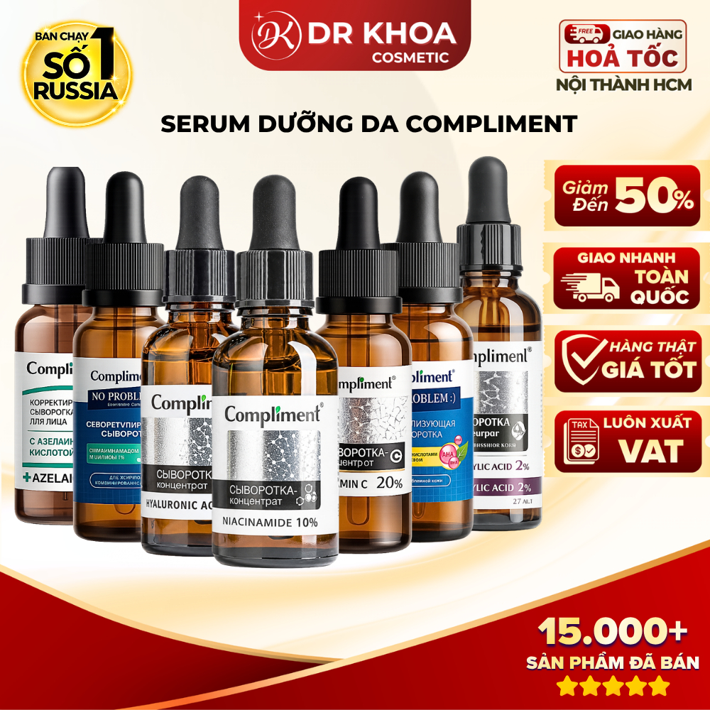 Serum Compliment Niacinamide B3 B5,HA, BHA, ZinC, AHA+PHA, VitaC Cấp Ẩm Dưỡng Da (27ml) DR KHOA