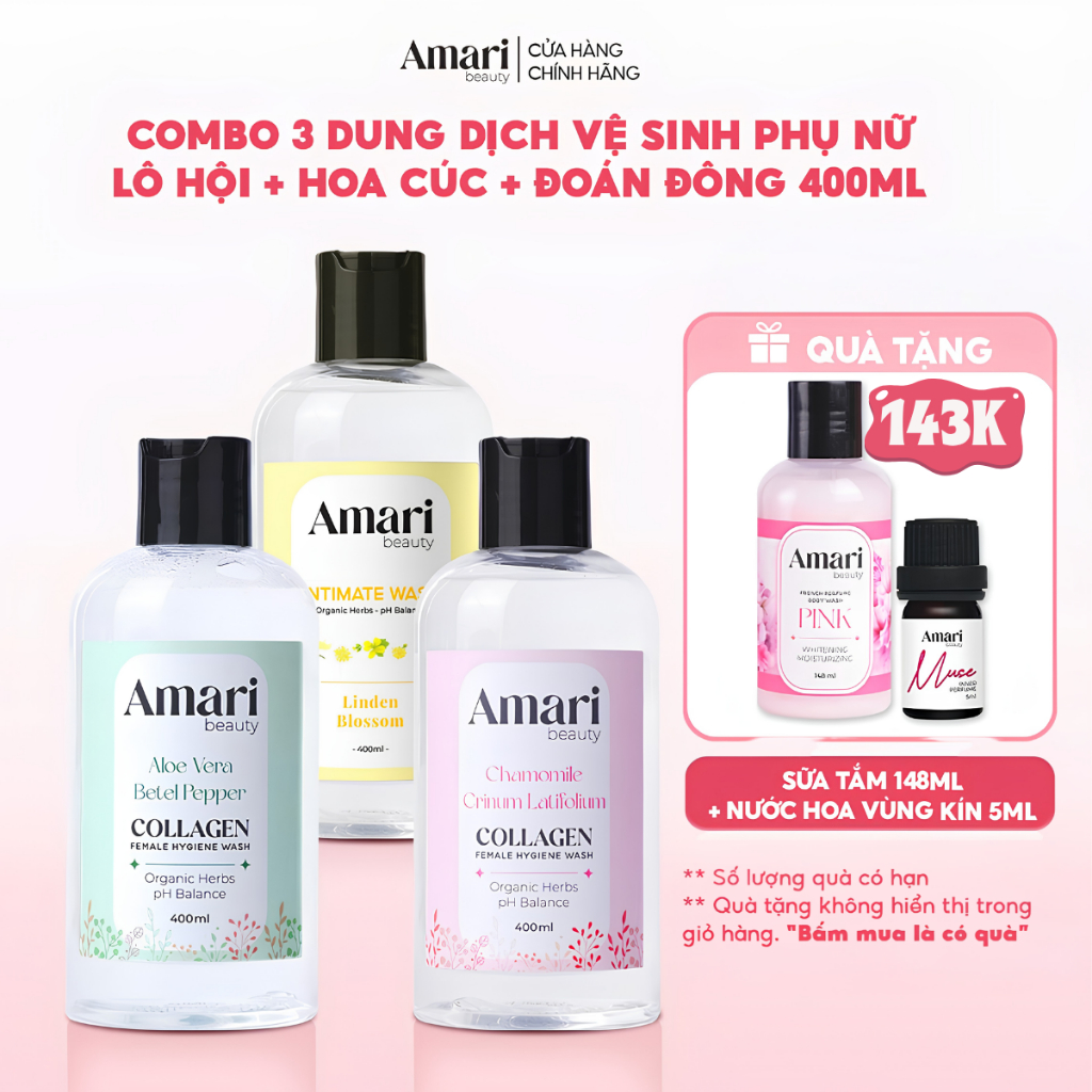 [Combo 3]Dung Dịch Vệ Sinh Phụ Nữ Amari Beauty Giúp Ngăn Mùi, Cân Bằng pH, Dưỡng Ẩm - 400ml
