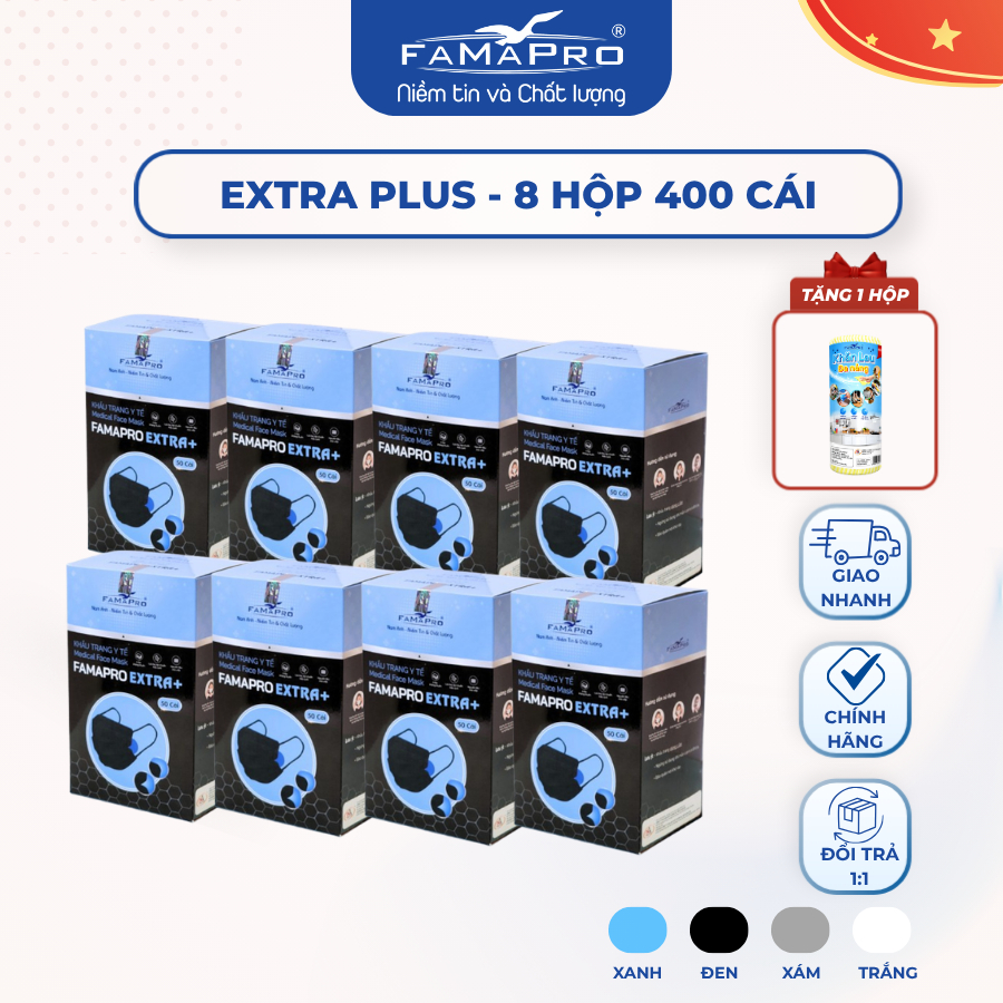 [COMBO 8 HỘP] Khẩu trang y tế 4 lớp kháng khuẩn Extra Plus Famapro Nam Anh 400 cái