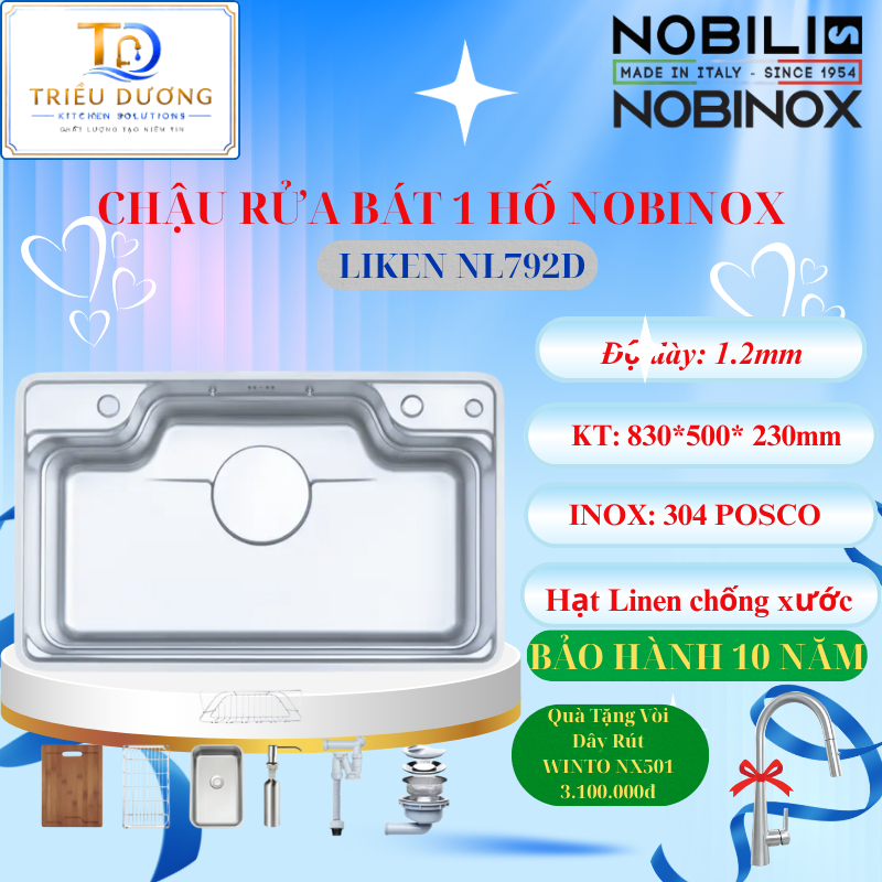 [Tặng VÒI DÂY RÚT ] CHẬU RỬA BÁT 1 HỐ NOBINOX LIKEN NL792D INOX 304, bề mặt hạt Linen