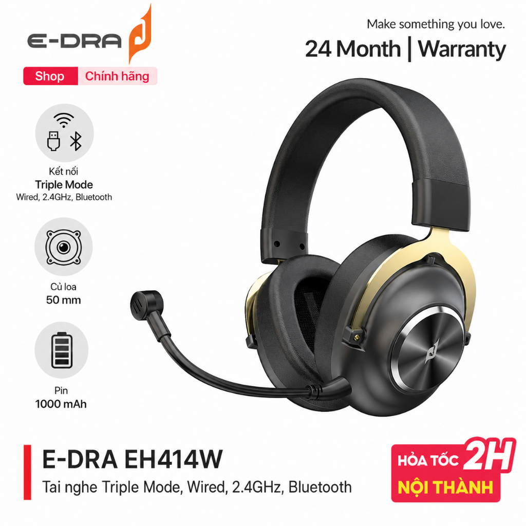 Tai Nghe Gaming Không Dây E-Dra EH414W Triple Mode Bluetooth 2.4GHz Wired, Mic Rời- Chính hãng