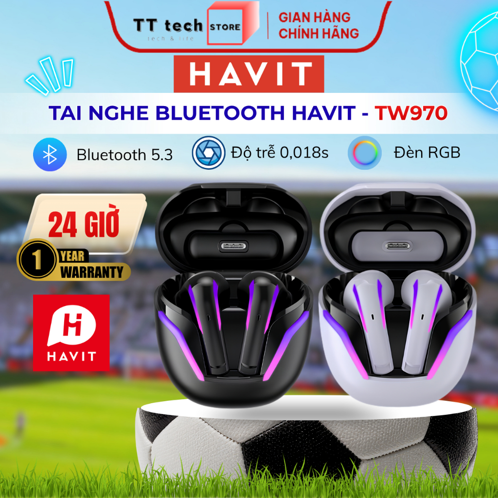 Tai Nghe Bluetooth TWS HAVIT TW970 Dongle Mode 18ms, 2 Mic Khử Ồn ENC, Đèn RGB, Pin Đến 24H - BH12T