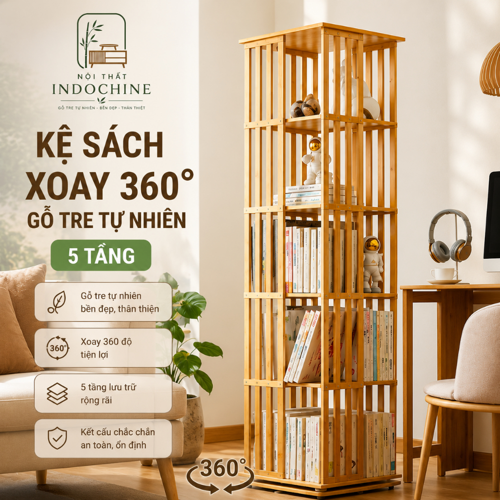 Kệ Sách Xoay 360 Độ Gỗ Tre 5 Tầng - Kệ Sách Thông Minh Giá Đựng Sách Đứng Tiết Kiệm Diện Tích
