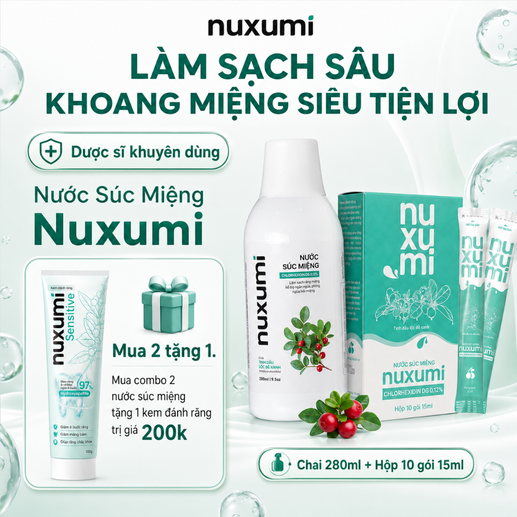 Combo Nước Súc Miệng Nuxumi Không Cồn, Giảm Hôi Miệng, Bảo Vệ Nướu Chai 280ml & Hộp 10 gói 10ml