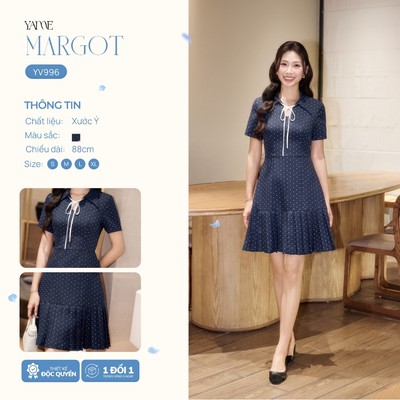 Váy Nữ Thiết Kế YAME Dài 88cm Cổ Sơ Mi Cách Điệu Họa Tiết Chấm Bi Trẻ Trung, Form A, Chân Váy Xếp Ly - MARGOT YV996