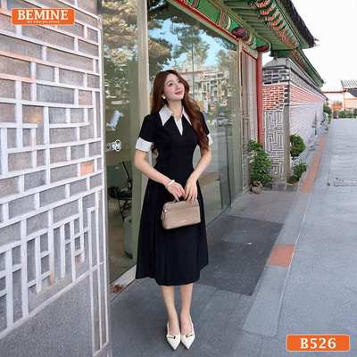 Đầm thiết kế BEMINE cổ sơ mi phối sọc dáng chữ A phù hợp đi làm-B526