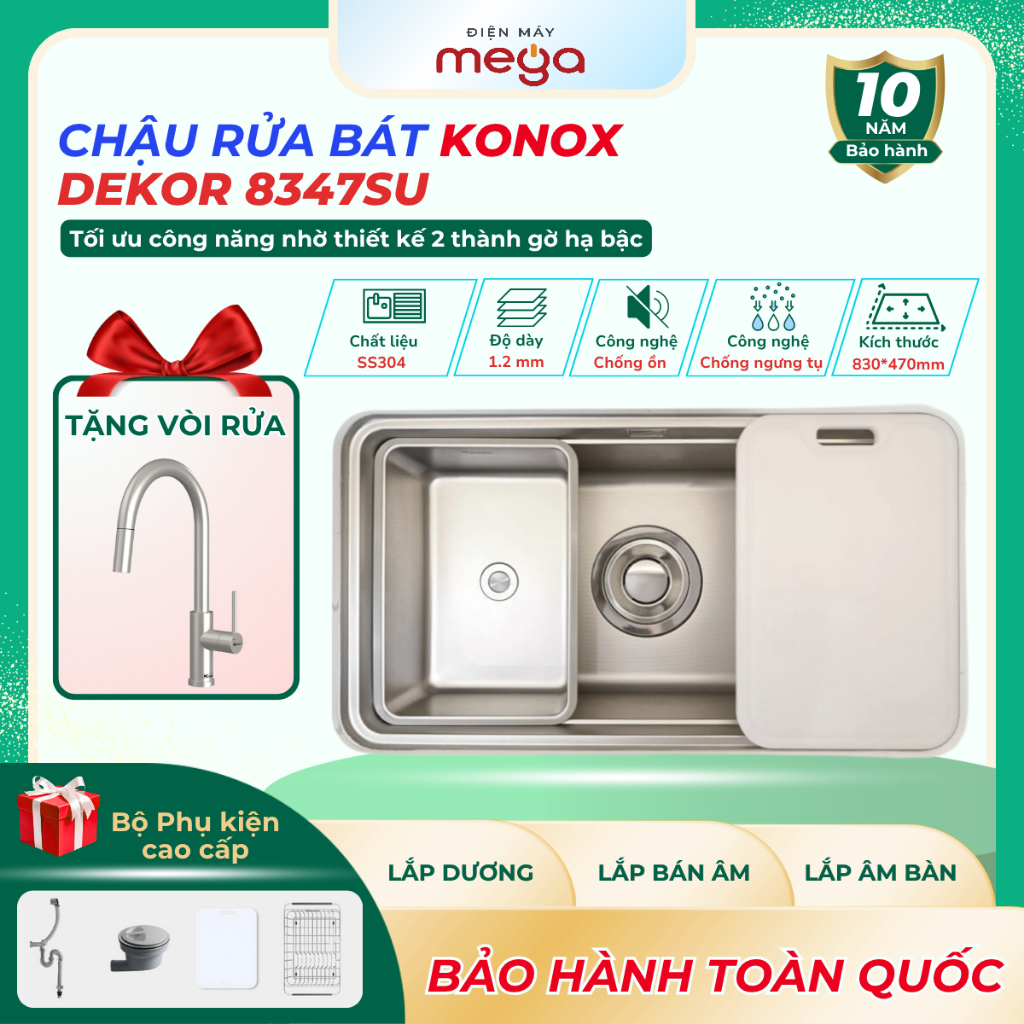KM Tặng Vòi Reno, Chậu Rửa Bát Konox Dekor 8347SU 1 Hố Workstation Sink Inox 304 Chống Xước Kèm Full