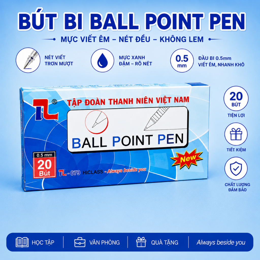 Bút Bi TL-079 HICLASS 0.5mm Hộp 20 Cây - Mực Xanh Viết Êm, Nét Đều, Nhanh Khô, Văn Phòng Phẩm Chính 