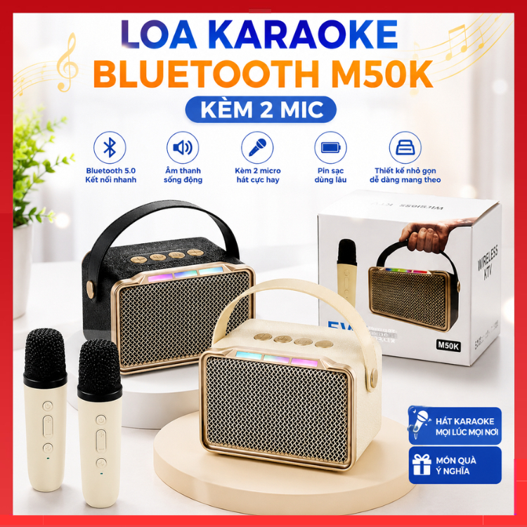 Loa bluetooth karaoke mini M50K / K12 phiên bản mới kèm 2 micro không dây , âm thanh hay , bass sắc 
