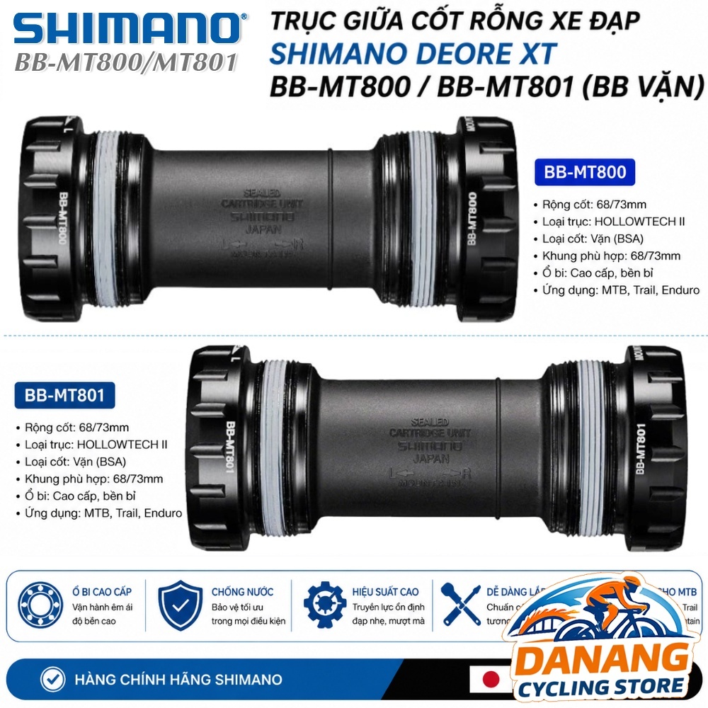 Trục Giữa BB Cốt Rỗng Xe Đạp SHIMANO Deore XT BB MT800 MT801 (BB Vặn) - Chính Hãng, Không Hộp