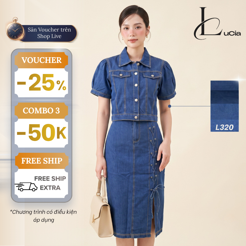Set Bộ Nữ LuCia Công Sở Áo Croptop Phối Chân Váy Jeans Midi Xẻ Tà Cá Tính L320