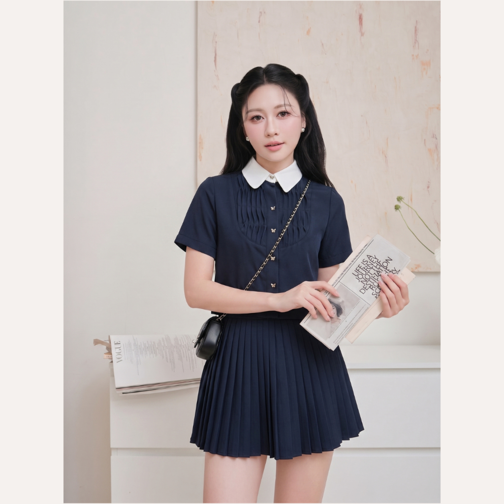Áo sơ mi nữ thiết kế xếp ly phối cổ trắng, áo sơ mi croptop tay ngắn tiểu thư Linly Store A-KIE42 | BigBuy360 - bigbuy360.vn