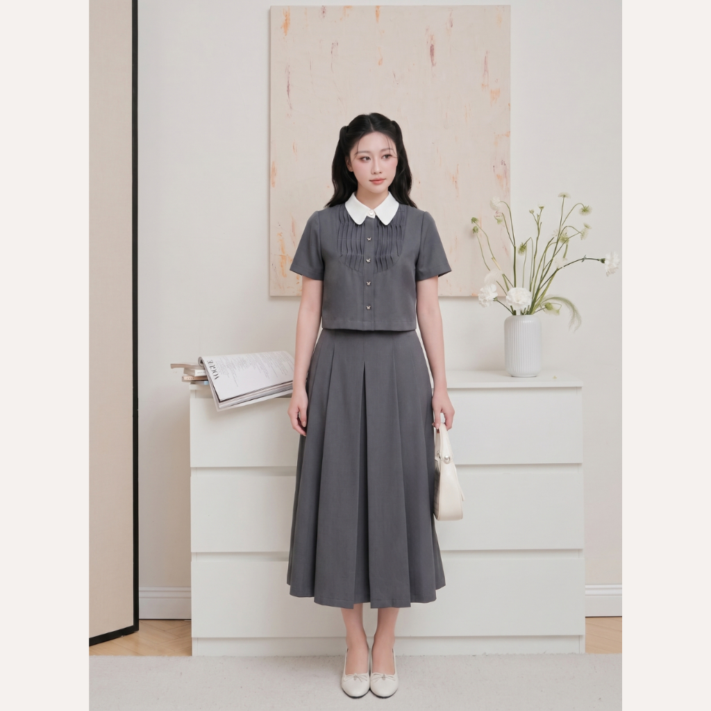 Áo sơ mi nữ thiết kế xếp ly phối cổ trắng, áo sơ mi croptop tay ngắn tiểu thư Linly Store A-KIE42 | BigBuy360 - bigbuy360.vn