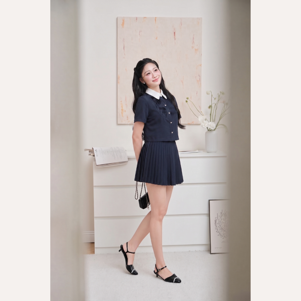 Áo sơ mi nữ thiết kế xếp ly phối cổ trắng, áo sơ mi croptop tay ngắn tiểu thư Linly Store A-KIE42 | BigBuy360 - bigbuy360.vn