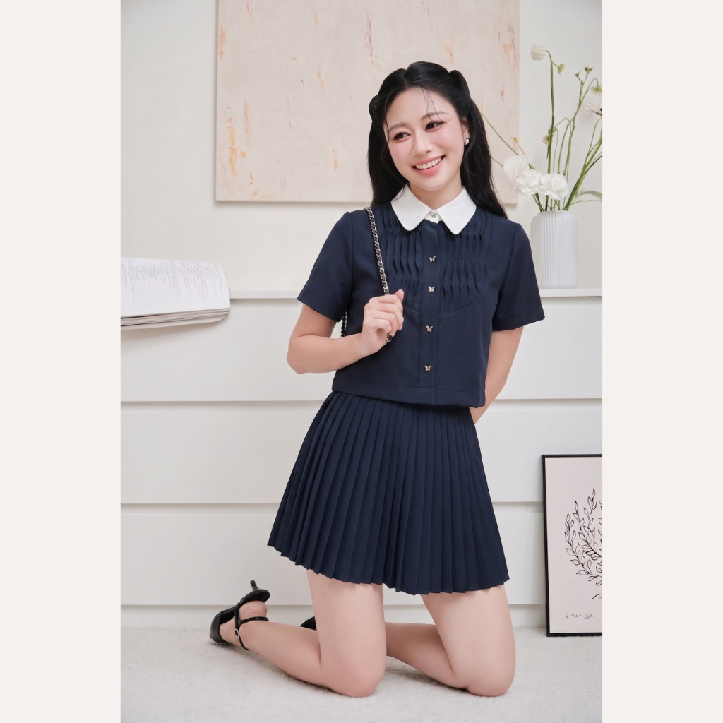 Áo sơ mi nữ thiết kế xếp ly phối cổ trắng, áo sơ mi croptop tay ngắn tiểu thư Linly Store A-KIE42 | BigBuy360 - bigbuy360.vn