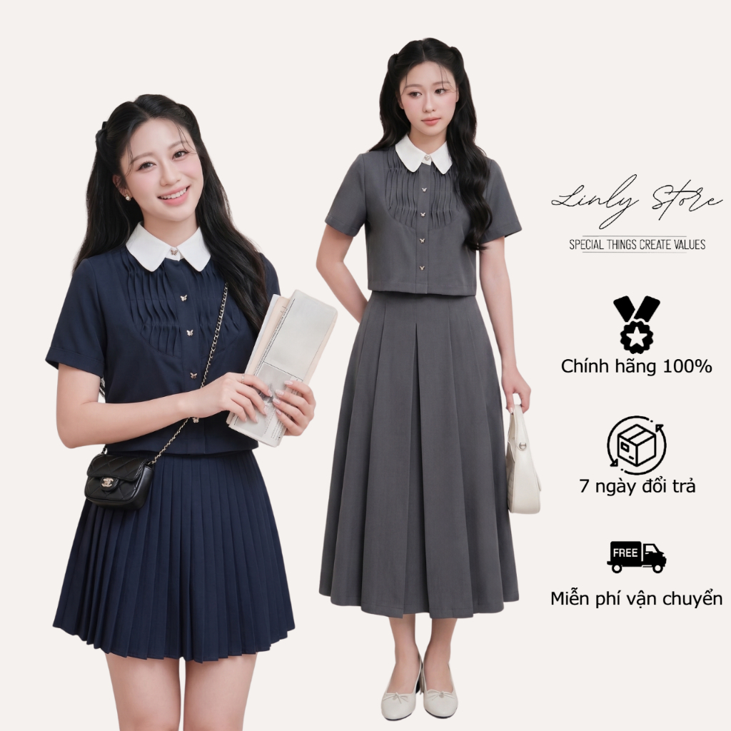 Áo sơ mi nữ thiết kế xếp ly phối cổ trắng, áo sơ mi croptop tay ngắn tiểu thư Linly Store A-KIE42 | BigBuy360 - bigbuy360.vn