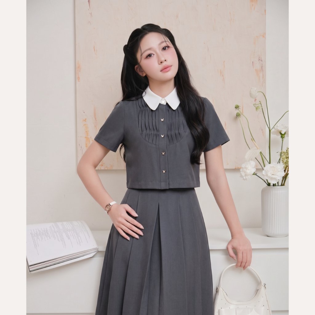 Áo sơ mi nữ thiết kế xếp ly phối cổ trắng, áo sơ mi croptop tay ngắn tiểu thư Linly Store A-KIE42 | BigBuy360 - bigbuy360.vn