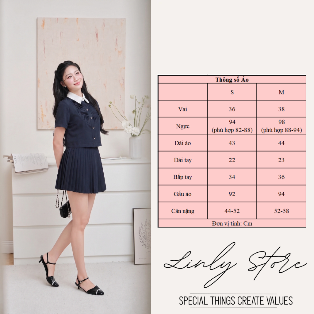 Áo sơ mi nữ thiết kế xếp ly phối cổ trắng, áo sơ mi croptop tay ngắn tiểu thư Linly Store A-KIE42 | BigBuy360 - bigbuy360.vn