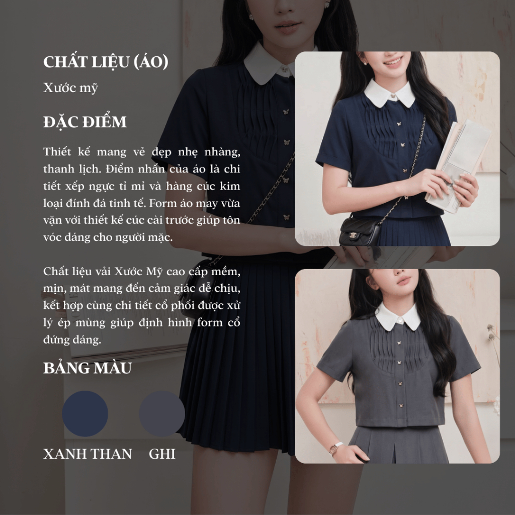 Áo sơ mi nữ thiết kế xếp ly phối cổ trắng, áo sơ mi croptop tay ngắn tiểu thư Linly Store A-KIE42 | BigBuy360 - bigbuy360.vn