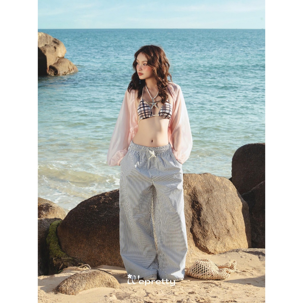 Q04 COCO PANTS Wepretty Clothes Vải Thô Cotton Hoạ Tiết Sọc Ống Suông Đi Biển Phối Màu Pastel