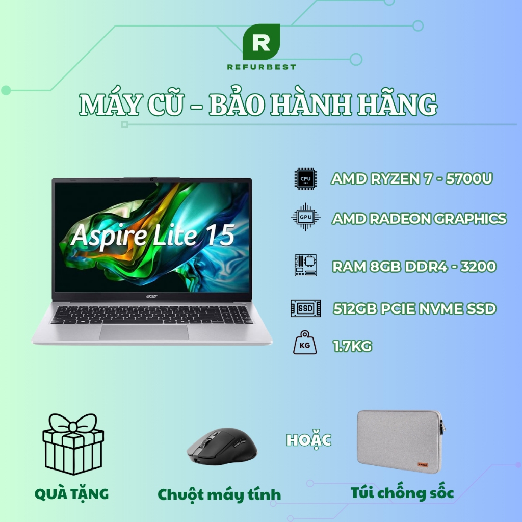 [Máy cũ] Acer Aspire Lite 15 AL15 71P 517D i5 12450H/16GB/512GB/15.6"F/Win11/(NX.J7KSV.001)/Bạc