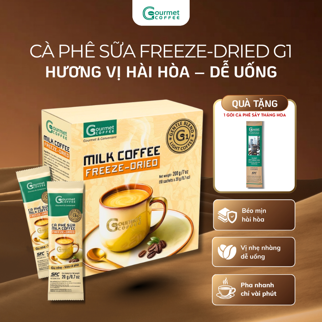Cà Phê Sữa Sấy Thăng Hoa G1 Gourmet Coffee - Vị Nhẹ Nhàng Dễ Uống | Hộp 10 gói x25g
