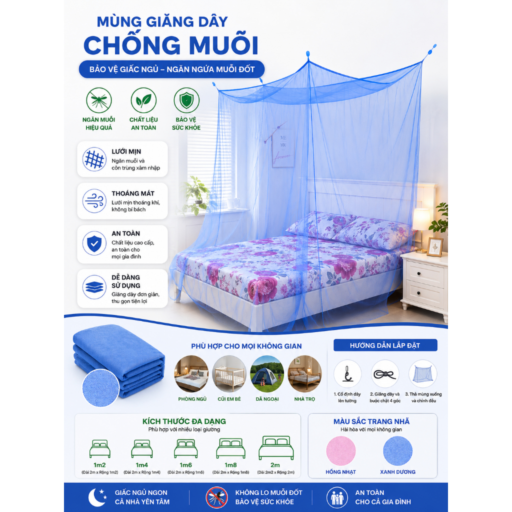 Mùng ngủ giăng dây đủ kích thước, màn ngủ dày lỗ nhỏ chống côn trùng tuyệt đối kích thước từ 1mx2m đ