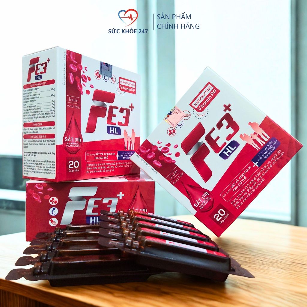 Sắt Nước FE3 HL - Cho Phụ Nữ Mang Thai - Sắt Polymaltose & Acid Folic - Hộp 20 Ống