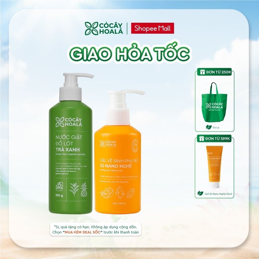 [HỎA TỐC] COMBO Nước Giặt Đồ Lót Trà Xanh Cỏ Cây Hoa Lá 350gr và Dung Dịch Vệ Sinh x2 Nano Nghệ 150m