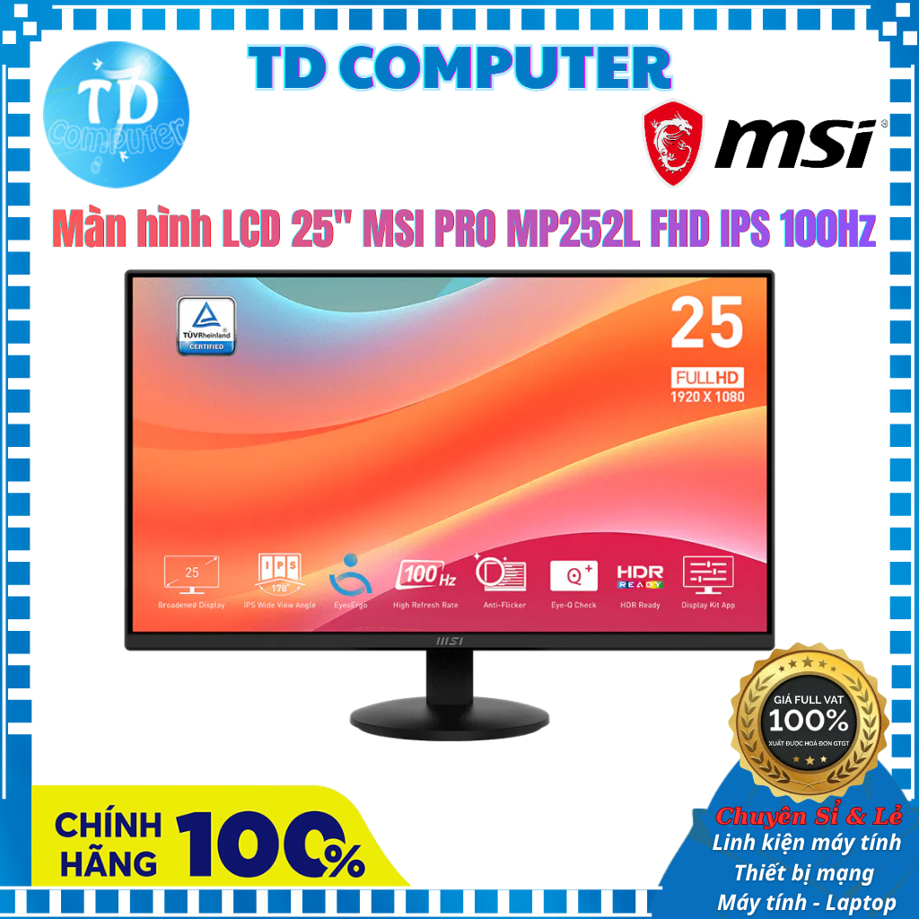 Màn hình LCD 25" MSI PRO MP252L (24.5 inch/ 1920x1080/ IPS/ 250 cd/m2/ 1ms/ 100Hz/ HDMI+DP+AUDIO) - 