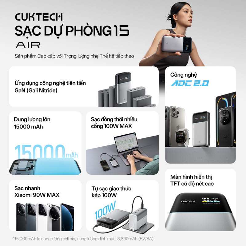 CUKTECH 15 AIR Sạc Di Động 2C1A | Công Suất 100W Max | Dung Lượng 15.000mAh | Bảo Hành 18 Tháng PB150S | BigBuy360 - bigbuy360.vn