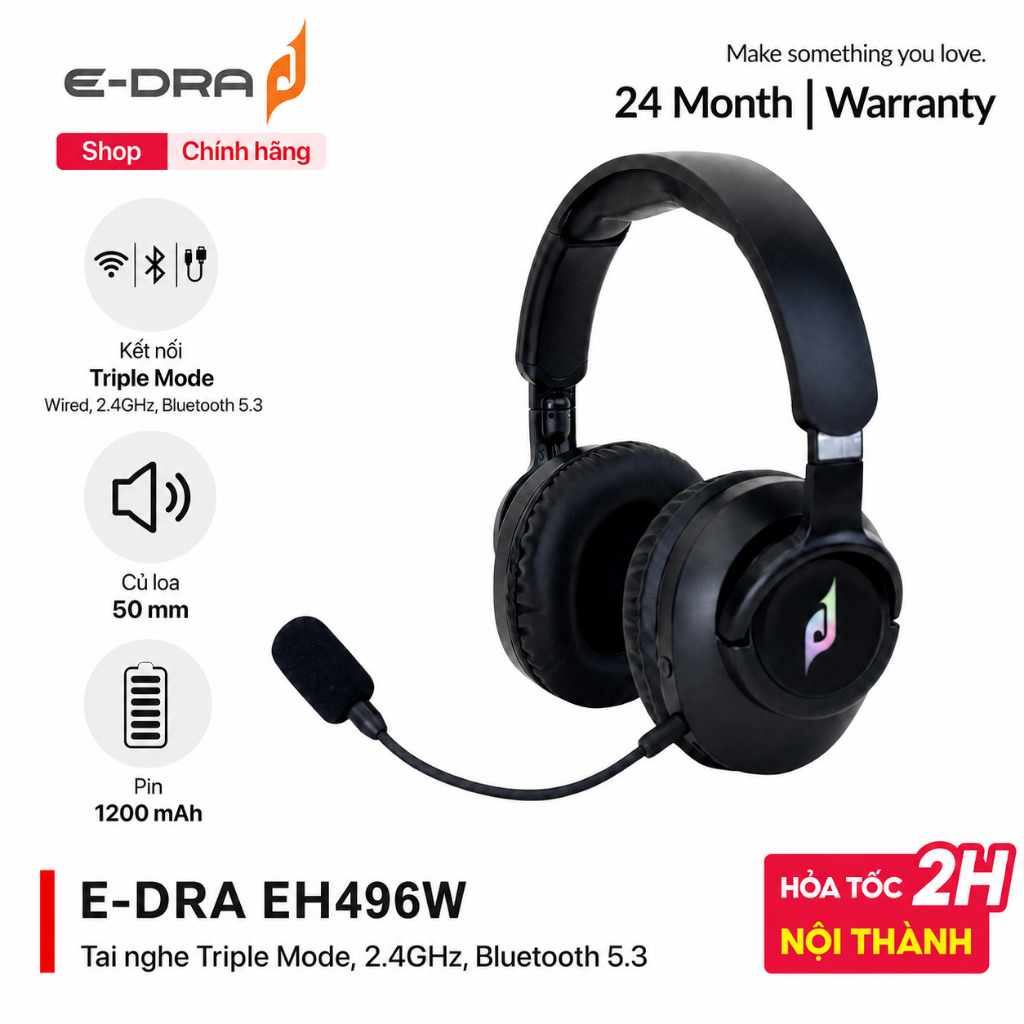 Tai Nghe Chụp Tai E-DRA EH496W Triple Mode Wired2.4GHzBluetooth, Driver 50mm, LED RGB - Chính hãng