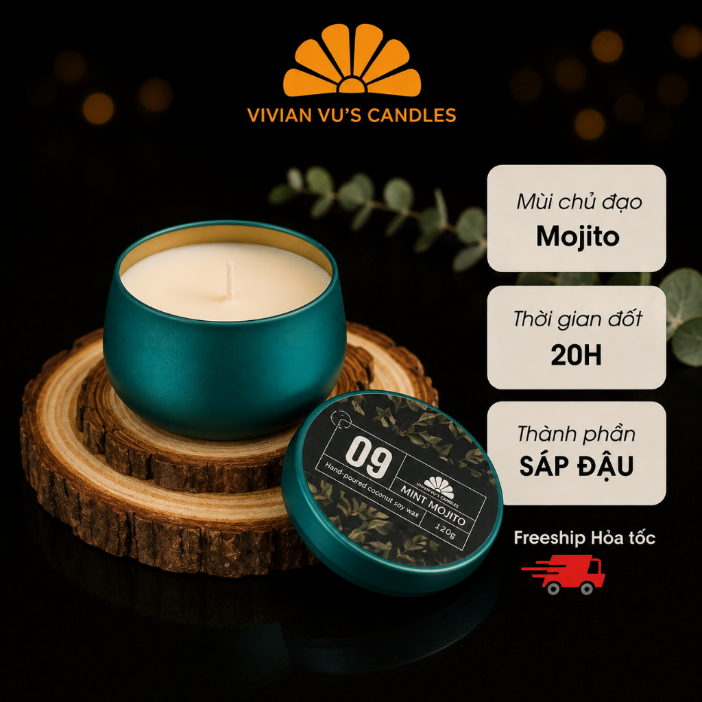 Nến Thơm Cao Cấp 𝐌𝐢𝐧𝐭 𝐌𝐨𝐣𝐢𝐭𝐨 09 Vivian Vu's Candles Hũ Thiếc 100gr
