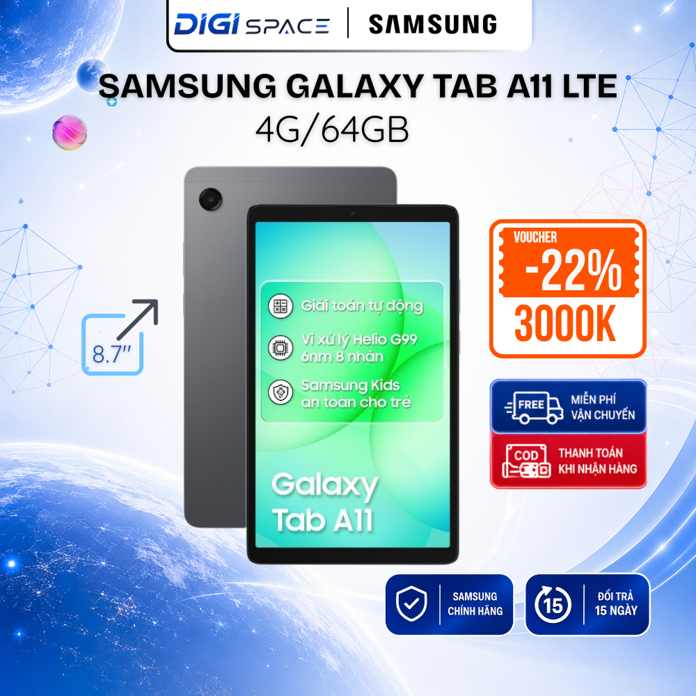 Samsung Galaxy Tab A11 LTE (4GB/64GB) X135 - Máy Tính Bảng 11 Inch, Pin 7.040mAh, Hỗ Trợ 4G LTE