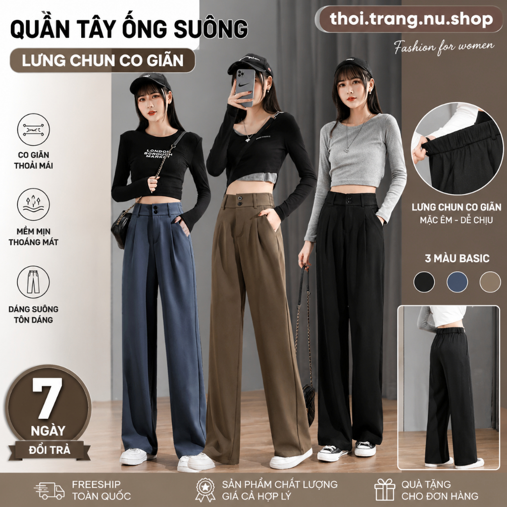 [Combo 2 quần] Quần tây nữ ống suông lưng chun cạp cao khóa trước Dáng Dài 100cm cạp bản to 7cm lưng cao siêu tôn dáng | BigBuy360 - bigbuy360.vn