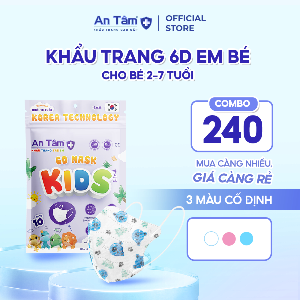 Khẩu trang 6D bé An Tâm CHÍNH HÃNG, 4 lớp kháng khuẩn dành cho bé 2-7 tuổi